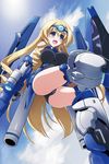  blonde_hair blue_eyes blue_tears_(infinite_stratos) blush bodysuit breasts c.r. cecilia_alcott covered_nipples gun hairband infinite_stratos large_breasts leotard long_hair open_mouth pilot_suit solo weapon 