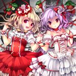  adapted_costume alternate_costume arm_ribbon bare_shoulders bat_wings blonde_hair bow checkered checkered_floor choker dress fang fingernails flandre_scarlet flower food fruit hair_flower hair_ornament holding_hands interlocked_fingers lolita_fashion looking_at_viewer lying multicolored multicolored_rose multiple_girls nail_polish no_hat no_headwear on_back open_mouth pink_flower pink_rose purple_hair red_eyes remilia_scarlet ribbon ringpearl rose short_hair siblings sisters smile staring strawberry strawberry_blossoms touhou white_flower white_rose wings wrist_cuffs 