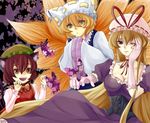  animal_ears bad_id bad_pixiv_id blonde_hair blush breasts brown_eyes brown_hair bug butterfly cat_ears cat_tail chen dress elbow_gloves fox_ears fox_tail gap garo000 gloves hat insect long_hair medium_breasts multiple_girls multiple_tails purple_eyes short_hair smile tail touhou yakumo_ran yakumo_yukari yellow_eyes 