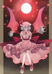  absurdres blue_hair cup dress floating floating_object full_moon hat highres jewelry lavender_hair legs looking_at_viewer moon necklace red_eyes remilia_scarlet shihou_(g-o-s) short_hair slit_pupils smile solo tea teacup teapot touhou wings wrist_cuffs 