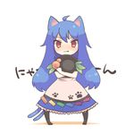  ahoge animal_ears bad_id bad_pixiv_id blue_hair blush cat_ears cat_tail chibi food fruit hat hat_on_chest hat_removed headwear_removed hinanawi_tenshi holding holding_hat kemonomimi_mode konbu_ame long_hair looking_at_viewer multiple_tails nyan object_hug peach purple_hair red_eyes simple_background solo standing tail touhou twintails 