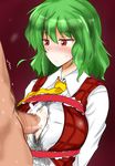  blush breasts censored cum cum_on_clothes green_hair kazami_yuuka open_clothes open_shirt paizuri paizuri_under_clothes penis penis_under_clothes poshi_(ginmokusei) red_eyes shirt touhou youkai 