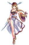  armor armored_dress belt blonde_hair braid breastplate breasts dress hair_ribbon helmet long_hair medium_breasts pauldrons ribbon sandals shield side_slit single_braid solo sword uchiu_kazuma valkyrie_(vnd) valkyrie_no_densetsu weapon white_background winged_helmet 