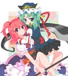  blue_eyes blush breasts cleavage green_hair hair_bobbles hair_ornament hat hug kamome medium_breasts multiple_girls onozuka_komachi pink_hair red_eyes rod_of_remorse scythe shiki_eiki short_hair skirt thighhighs touhou two_side_up white_legwear yuri 