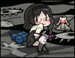  1girl :3 :| akemi_homura arm_support bag black_hair black_legwear blush border bow chikuwabu closed_mouth comic covering covering_ass embarrassed eyelashes glasses glowing glowing_eyes hair_bow hair_ornament hairband kneehighs kyubey long_hair looking_back mahou_shoujo_madoka_magica mitakihara_school_uniform on_floor on_ground plaid plaid_skirt pleated_skirt puffy_sleeves red-framed_eyewear red_eyes school_bag school_uniform shoes skirt skirt_tug socks spoilers translated twintails witch's_labyrinth 