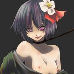  bad_id bad_pixiv_id bdsm blood bondage bound bruise collarbone face flat_chest flower hieda_no_akyuu highres ikkei_dou injury leash lips nipples no_bra off_shoulder purple_eyes purple_hair rope slave smile solo topless touhou upper_body 