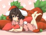  :&lt; animal_ears barefoot black_hair blush brown_eyes brown_hair bunny_ears bunny_tail carrot carrot_necklace inaba_tewi jewelry lying necklace on_stomach pendant pillow purple_eyes short_hair solo tail touhou ukami 
