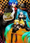  2girls :d akatsuki_yakyou animal_ears aqua_eyes aqua_hair blonde_hair blue_eyes blue_hair boots cape cat_ears cat_tail checkered checkered_background chibi choker detached_sleeves fang hair_ornament hairclip halloween hat hatsune_miku kagamine_len kagamine_rin kaito knee_boots long_hair multiple_boys multiple_girls open_mouth sitting skirt sleeves_past_wrists smile tail thighhighs trick_or_treat twintails very_long_hair vocaloid witch_hat 