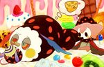  charlotte_(madoka_magica) cheese cherry fangs food fruit heart ice_cream kiwifruit mahou_shoujo_madoka_magica multicolored multicolored_eyes no_humans ogami_(doodad) pyotr_(madoka_magica) strawberry tears thought_bubble 