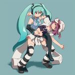  abdominal_stretch alternate_eye_color aqua_hair belly_poke boots choker crossover detached_sleeves finger_in_another's_navel green_eyes hat hatsune_miku headset long_hair merry_nightmare midriff multiple_girls navel navel_insertion necktie purple_hair red_eyes ribbon short_hair skirt striped striped_legwear tarayama thigh_boots thighhighs twintails vocaloid wrestling yumekui_merry 