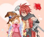  1girl :o ahoge bad_id bad_pixiv_id belt beryl_benito blonde_hair bow brown_background bubble couple embarrassed fish gloves goldfish hand_on_another's_head hat heart hetero long_hair messy_hair muscle pants pink_bow red_hair ribbon scar scarf spiked_hair tales_of_(series) tales_of_hearts tetsu_hagane toufuno weapon witch witch_hat yellow_eyes 
