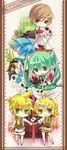  3girls blonde_hair blue_hair blue_scarf bow brown_eyes brown_hair chibi closed_eyes dress green_eyes green_hair hair_bow hair_ornament hair_ribbon hairclip hatsune_miku highres hitobashira_alice_(vocaloid) kagamine_len kagamine_rin kaito long_hair meiko multiple_boys multiple_girls musical_note necktie open_mouth ribbon scarf short_hair sitting sword teito thighhighs twintails very_long_hair vocaloid weapon yellow_eyes 