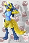  breasts female looking_at_viewer lucario mark_haynes naturally_censored pok&eacute;ball pok&eacute;mon red_eyes solo yellow 