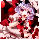  bad_id bad_pixiv_id bat_wings blood blood_on_face bloody_clothes colored_eyelashes eyelashes hand_to_own_mouth hat licking pink_eyes purple_hair remilia_scarlet short_hair skirt skirt_lift slit_pupils solo touhou white_hair wings yutazou 