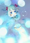  absurdres backpack bag blue_eyes blue_hair blush boots bubble hair_bobbles hair_ornament haru_(citron_citron) highres kawashiro_nitori key no_hat no_headwear open_mouth short_hair sleeves_past_wrists solo touhou two_side_up underwater 
