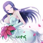  ass bad_id bad_pixiv_id bare_shoulders black_hair blush boa_hancock bouquet breasts bride cleavage dress earrings elbow_gloves flower gloves jewelry kasai_shin large_breasts long_hair necklace one_piece petals purple_eyes simple_background solo strapless strapless_dress wedding_dress 