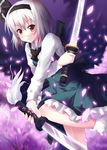  bad_id bad_pixiv_id black_hairband dual_wielding hairband hane_riu highres holding katana konpaku_youmu red_eyes scabbard sheath short_hair silver_hair solo sword tassel touhou vest weapon 