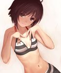  ahoge bikini bikini_top blush breasts brown_eyes brown_hair eyebrows_visible_through_hair fingernails head_tilt highres hip_bones idolmaster idolmaster_(classic) kikuchi_makoto light_smile looking_at_viewer midriff navel nekopuchi short_hair simple_background skinny small_breasts solo stomach striped striped_bikini swimsuit upper_body 