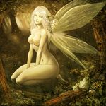  breasts fairy fairy_wings forest genzoman insect_wings large_breasts nature nipples nude original pointy_ears sitting solo white_hair wings 