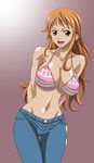  bikini bikini_top breasts brown_eyes curvy denim erect_nipples highres jeans large_breasts midriff nami nami_(one_piece) navel nel-zel_formula one_piece orange_hair pants swimsuit tatoo topless 