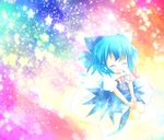  blue_bow blue_hair bow cirno closed_eyes full_body hair_bow puffy_short_sleeves puffy_sleeves short_hair short_sleeves solo sparkle touhou yuya_(minus-k) 