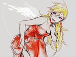  angel_wings blonde_hair blue_eyes dress earrings jewelry long_hair outlawlaw panty_&amp;_stocking_with_garterbelt panty_(psg) red_dress simple_background smile solo wings 