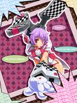  absurdres all_fours carrot cosmic_break dice engrish gloves headset highres pointing purple_hair ranguage red_eyes renny_lop robot_ears short_hair ska solo speech_bubble tongue 
