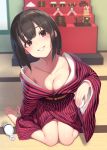  1girl altar architecture arm_support bangs bare_legs bare_shoulders barefoot black_kimono blurry blush bottle breasts brown_eyes brown_hair chariot cleavage collarbone commentary_request cup dengeki_moeou depth_of_field doll drinking_glass east_asian_architecture eyebrows_visible_through_hair head_tilt highres holding holding_cup indoors japanese_clothes kimono long_hair long_sleeves looking_at_viewer no_bra obi off_shoulder open_clothes open_kimono original pokachu red_kimono sash shrine sitting small_breasts smile solo striped striped_kimono tatami teeth tokkuri vertical-striped_kimono vertical_stripes wariza wide_sleeves yukata 
