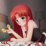  arm_support bare_shoulders bed blanket blush earrings flower fractale green_eyes hair_down hair_flower hair_ornament highres jewelry long_hair looking_at_viewer necklace nessa nukunuku_(hinataboltuko) red_hair smile solo under_covers 