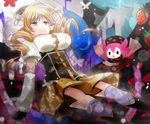  arm_above_head beret blonde_hair boots breasts charlotte_(madoka_magica) detached_sleeves drill_hair fingerless_gloves food fruit g-tea gloves hat large_breasts magical_girl mahou_shoujo_madoka_magica pleated_skirt puffy_sleeves skirt strawberry thighhighs tomoe_mami witch's_labyrinth yellow_eyes zettai_ryouiki 
