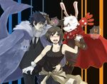  1girl 2boys angry animal_ears aoi_hana_(oumagadoki_doubutsuen) arm_around_waist arm_grab bare_shoulders blush bob_cut breasts brown_eyes brown_hair bunny_ears cleavage clothes_around_waist cyborg gloves isana_(oumagadoki_doubutsuen) jacket_around_waist jewelry leaf_at_bubyubusshaa looking_back medium_breasts multiple_boys oumagadoki_doubutsuen ring shiina_(oumagadoki_doubutsuen) short_hair surprised sweat tail tank_top watch whale_tail_(animal_tail) wristwatch 