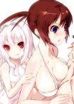  2girls :p bikini blood blush breast_press breasts brown_hair copyright_request large_breasts long_hair monk_(syugyousou) multiple_girls nosebleed one-piece_swimsuit purple_eyes red_eyes swimsuit tongue tongue_out twintails white_hair 