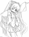  detached_sleeves greyscale hatsune_miku long_hair monochrome necktie one_eye_closed skirt solo twintails very_long_hair vocaloid zizi_(zz22) 