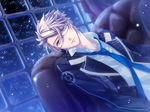  artist_request collarbone couch emblem game_cg glass glasses indoors jacket long_sleeves male_focus open_clothes open_jacket shiranui_kazuki solo starry_sky_(game) window 