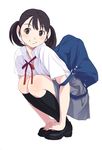  backpack bag black_hair black_legwear brown_eyes derivative_work dress_shirt face full_body grin kneehighs loafers original oryou school_bag shirt shoes simple_background skirt smile solo twintails 