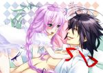  1girl al_azif braid daijuuji_kurou demonbane dress frills green_eyes highres kabane_(follabi) lavender_hair licking open_clothes ribbon shirt 