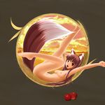  animal_ears apple araragi_yuuichi barefoot breasts brown_hair feet food fruit holo long_hair nipples nude red_eyes small_breasts solo spice_and_wolf sunset tail wheat wolf_ears wolf_tail 