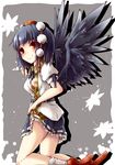  absurdres bad_id bad_pixiv_id belt black_hair black_wings blush geta hat highres kneeling leaf looking_at_viewer red_eyes shameimaru_aya short_hair skirt skirt_lift smile socks solo tengu-geta tokin_hat toor_0111 touhou white_legwear wings 