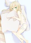  bad_id bad_pixiv_id barefoot blonde_hair bulge chita green_eyes highres lingerie lying male_focus navel on_side original otoko_no_ko panties pillow see-through solo underwear 