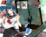  bandages blue_eyes blue_hair blue_sky braid bug butterfly cable cloud film_strip flower heart highres insect original photo_(object) pole red_flower red_rose rose school_uniform scissors serafuku sky solo twin_braids vient 