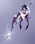 back_bow bishoujo_senshi_sailor_moon black_hair bob_cut boots bow brown_bow choker cross-laced_footwear elbow_gloves gloves hachimaru_(ediciusa) highres holding holding_spear holding_weapon knee_boots lace-up_boots long_legs magical_girl over_shoulder polearm purple_eyes purple_footwear purple_sailor_collar purple_skirt sailor_collar sailor_saturn sailor_senshi_uniform short_hair silence_glaive skirt solo spear staff star star_choker tiara tomoe_hotaru weapon weapon_over_shoulder white_gloves 