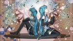  hatsune_miku long_hair mariwai_(marireroy) multiple_girls music sitting thighhighs twintails very_long_hair vocaloid wariza zettai_ryouiki 