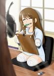  amputee beetle brown_hair bug copyright_request futon_suki happy insect long_hair mouth_hold pencil quadruple_amputee smile solo 
