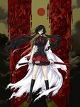  bell black_hair blood-c clamp glasses grey_eyes katana kisaragi_saya official_art solo sword torn_clothes twintails weapon 