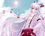  cherry_blossoms floating_hair fujiwara_no_mokou hand_in_pocket long_hair rindou_matsuri smile solo sun touhou white white_hair wind 