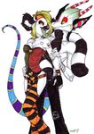  2007 black blonde_hair candyjack choker couple dragon female goth green_hair green_tongue hair holly_massey horns lemur looking_at_each_other male piercing scalie straight striped_tail tail tattoo teeth tongue white white_background zeriara_(character) 