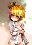  bare_shoulders blonde_hair blush bottomless breasts dress_shirt embarrassed face groin harusame_(unmei_no_ikasumi) hat lunasa_prismriver medium_breasts naked_shirt nipples no_bra off_shoulder open_clothes open_shirt shirt short_hair sketch solo touhou undressing white_shirt yellow_eyes 