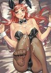  :q animal_ears bad_feet blush breasts bunny_ears bunny_girl bunnysuit cleavage cum cum_on_body cum_on_clothes cum_on_lower_body facial feet large_breasts legs licking long_hair lying on_back original pantyhose ran'ou_(tamago_no_kimi) red_eyes red_hair solo thighs tongue tongue_out wrist_cuffs 