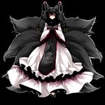  absurdres alternate_color alternate_hair_color animal_ears bad_id bad_pixiv_id black brown_hair dark_persona embellished_costume facial_mark fox_ears fox_tail frills fur_trim hands_in_opposite_sleeves hat highres lace multiple_tails red_eyes short_hair simple_background solo tail touhou yakumo_ran yutazou 