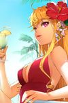  :p ahoge blonde_hair breasts cinia_pacifica cocktail day flower hair_flower hair_ornament hibiscus large_breasts lowres outdoors purple_eyes solo swimsuit sword_girls tongue tongue_out 